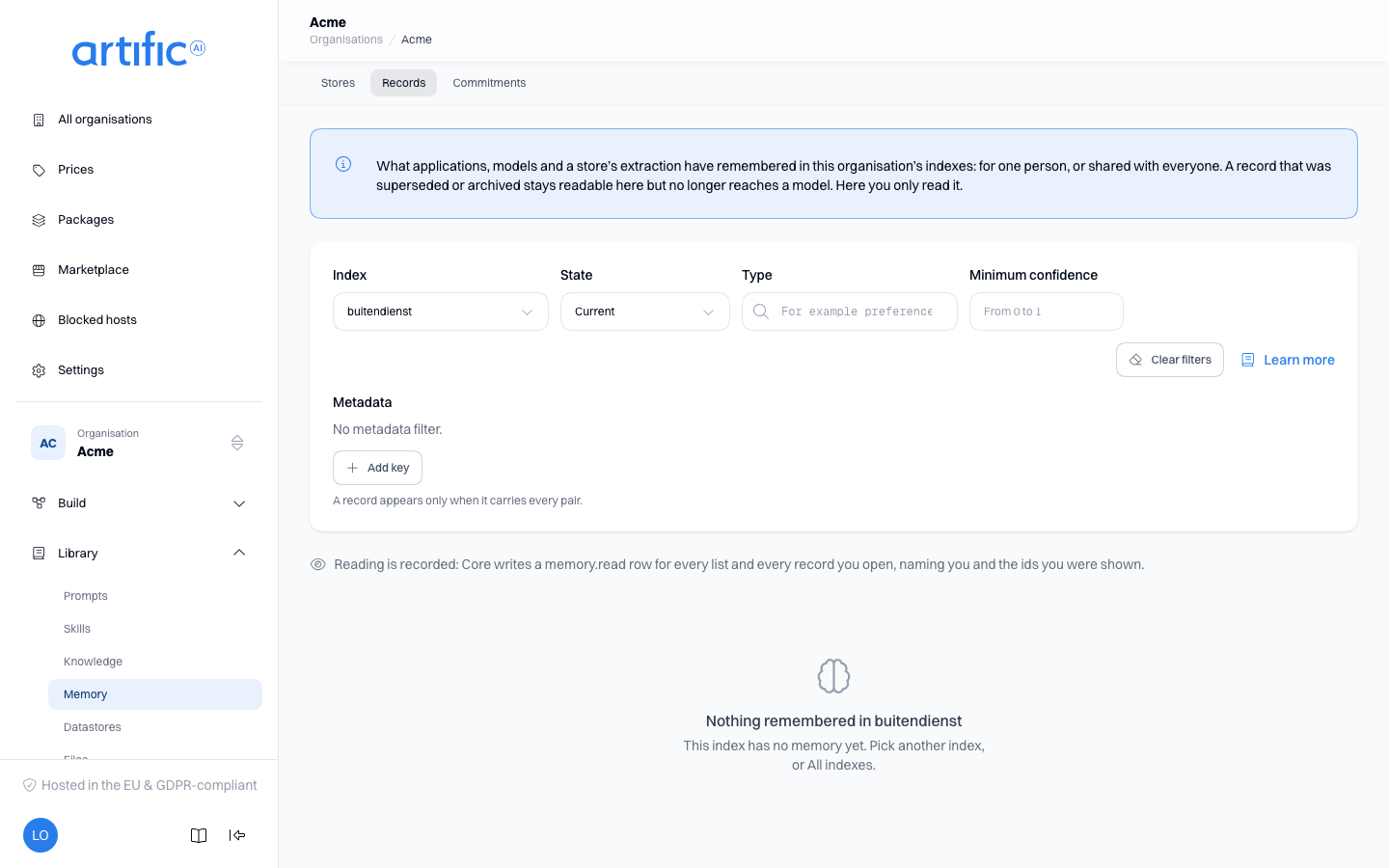 The Records segment of Memory, narrowed to the index buitendienst: the filter card with Index, State, Type, Minimum confidence and Metadata, the sentence that reading is recorded, and the empty state Nothing remembered in buitendienst.