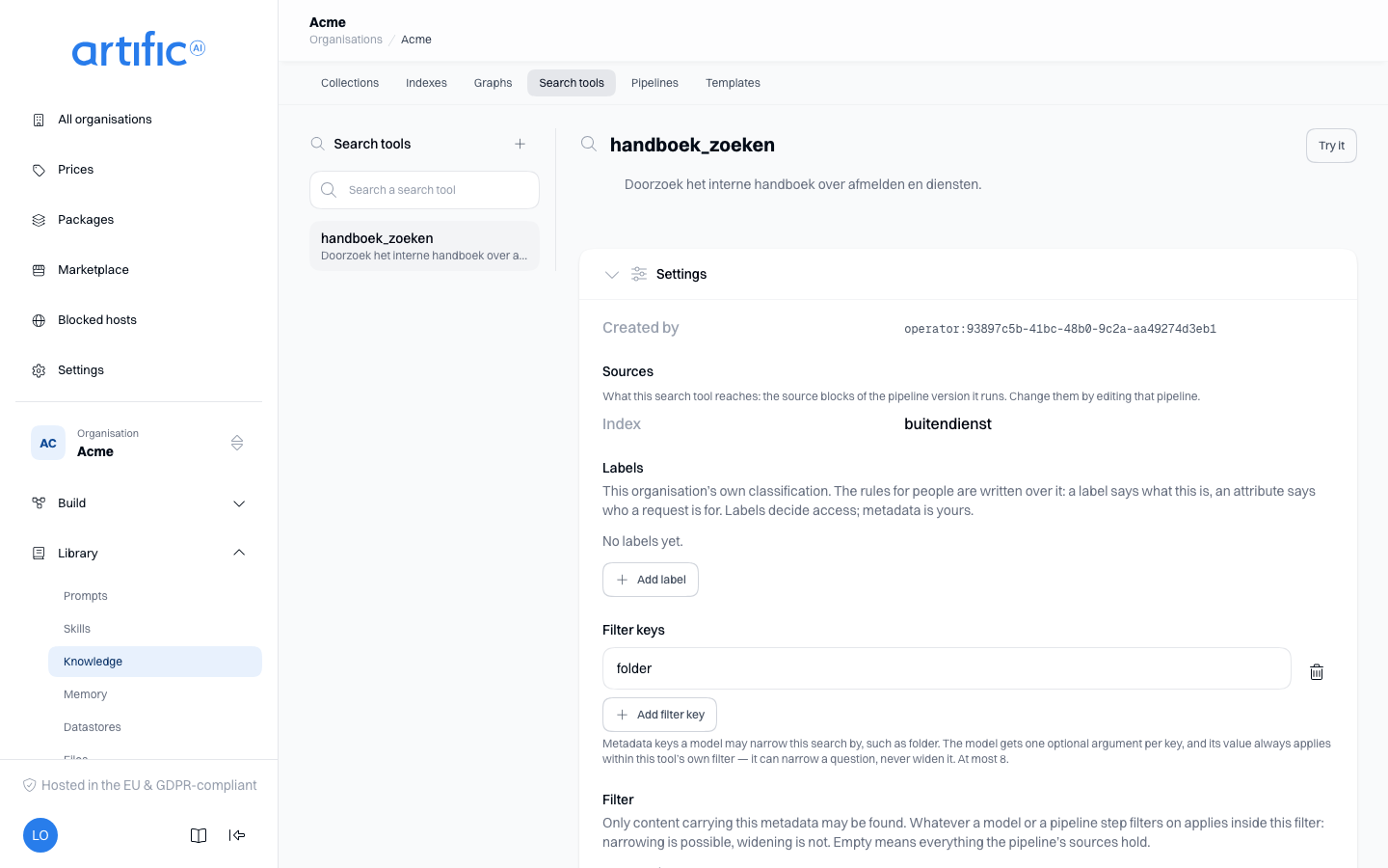 One search tool's screen: the column of search tools on the left, and on the right the name handboek_zoeken with the Try it button beside it, the opened Settings section and the collapsed Query pipeline section.