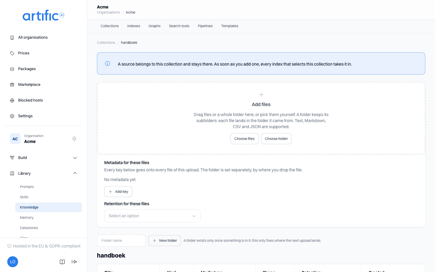 One manual collection's screen: a breadcrumb, the Add files box, and a table with Title, Kind, Media type, Shape, Retention and Created columns.