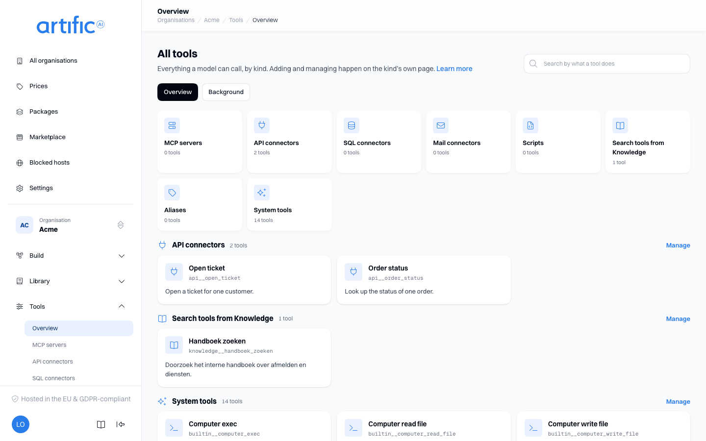 Overview: above the list a heading with an explanation and a search field, below it a tile per kind with its count of tools, then a group of cards per kind with each tool's name, its real name under it and what it does, and at the bottom a Not in this overview card.