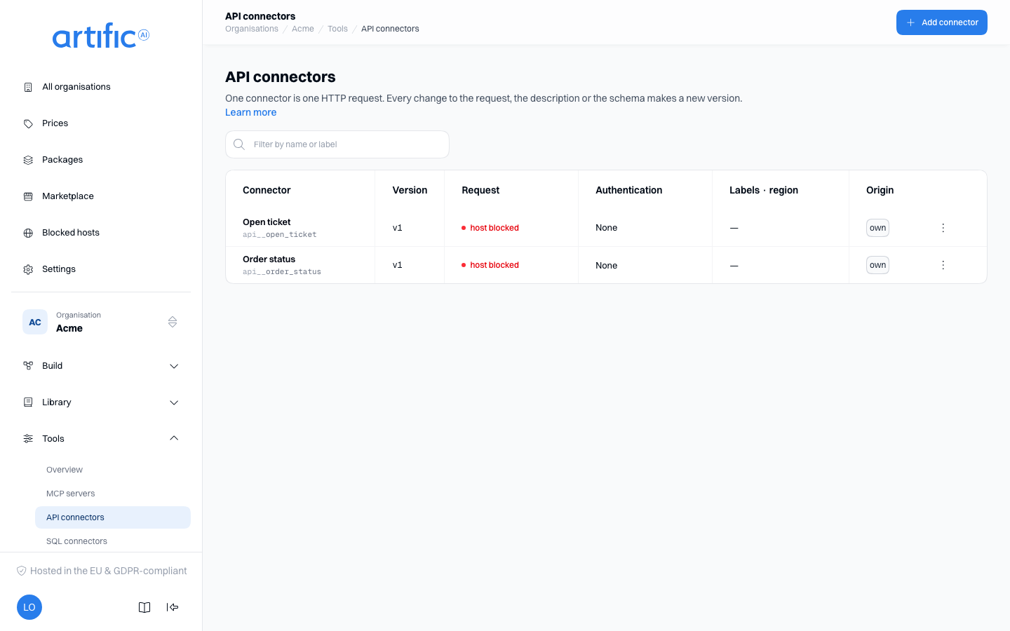 API connectors: a table with Connector, Version, Request, Authentication, Labels · region and Origin columns, a filter field, and an Add connector button in the bar.