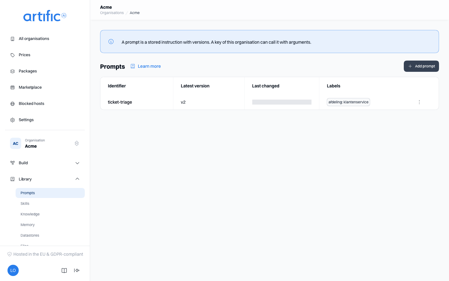 The Prompts section: a table with Identifier, Latest version, Last changed and Labels columns, and an Add prompt button.