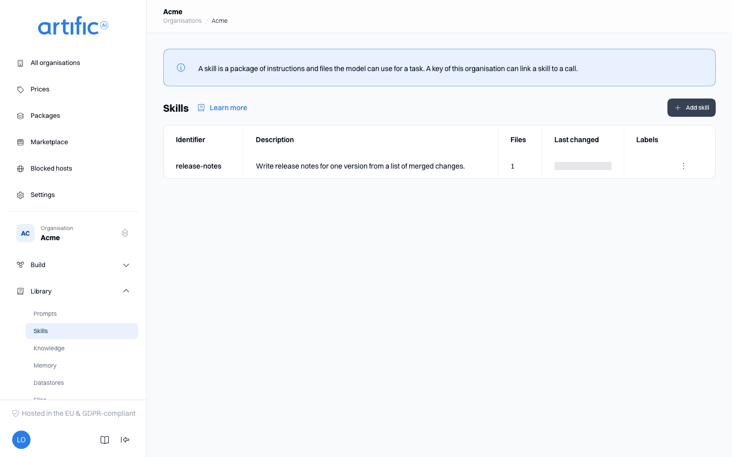 The Skills section: a table with Identifier, Description, Files, Last changed and Labels columns, an Add skill button, and a row menu with Delete.