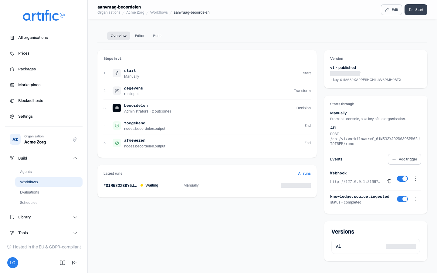 A workflow's overview: on the left the steps of the newest version and the latest runs, on the
right the version and the Starts through card with Manually, API and the triggers under Events,
each with a switch and a row menu.