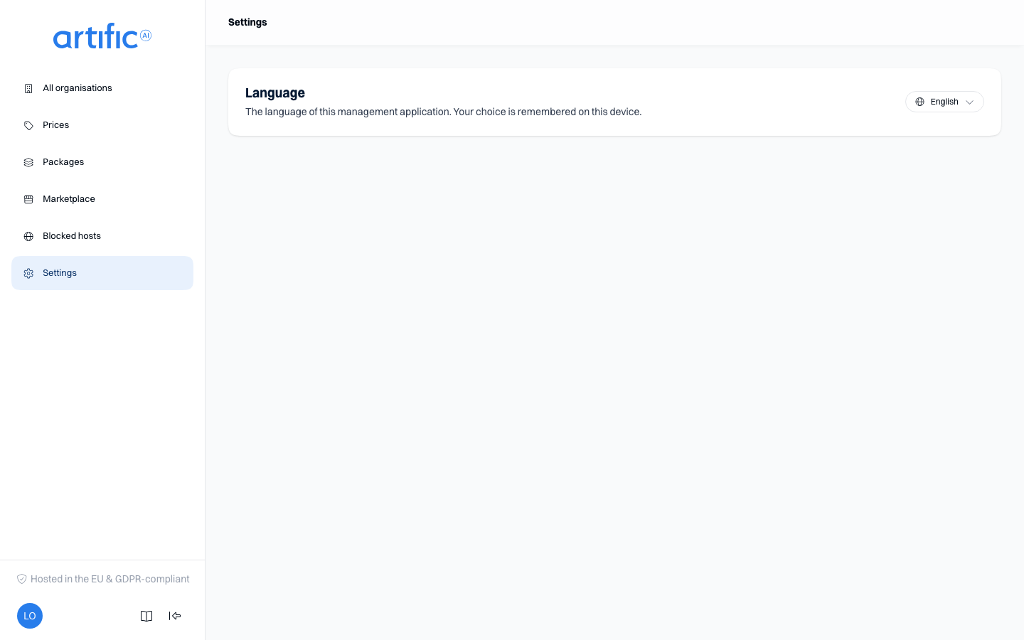 The Settings page: a Language card with Nederlands and English options and a Change language control.