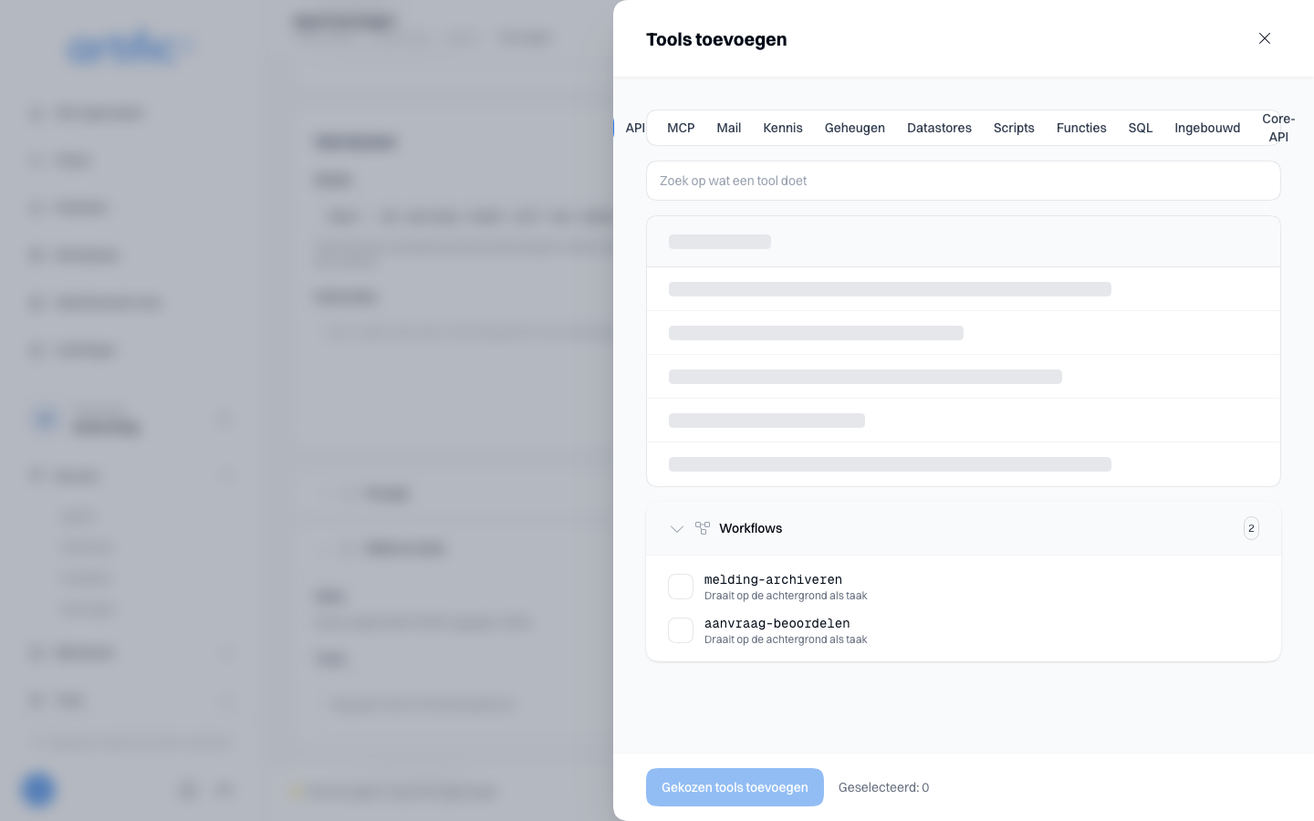De lade Tools toevoegen van een agent, met de groep Workflows opengeklapt: per workflow een
vinkje, de naam en de regel Draait op de achtergrond als
taak.