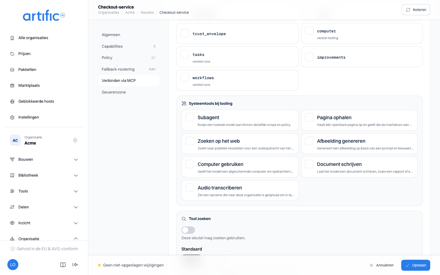 De lijst Systeemtools op de pagina van een sleutel: een selectievakje en een korte toelichting bij Subagent, Pagina ophalen, Zoeken op het web, Afbeelding genereren en Computer gebruiken.