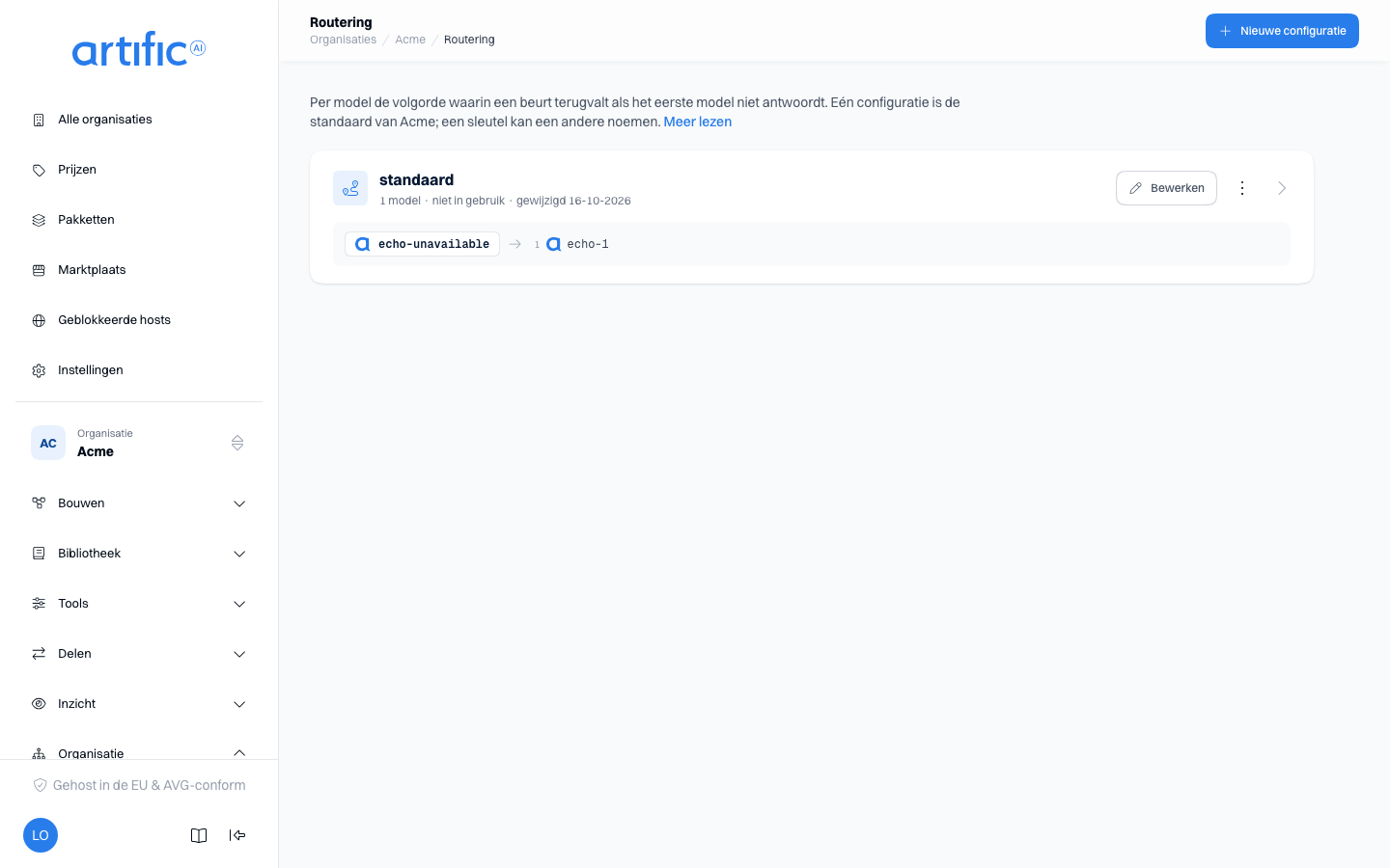 Het onderdeel Routering: een kaart per configuratie met de ketens als regels, een knop Bewerken en een menu met Verwijderen, en Nieuwe configuratie in de paginabalk.